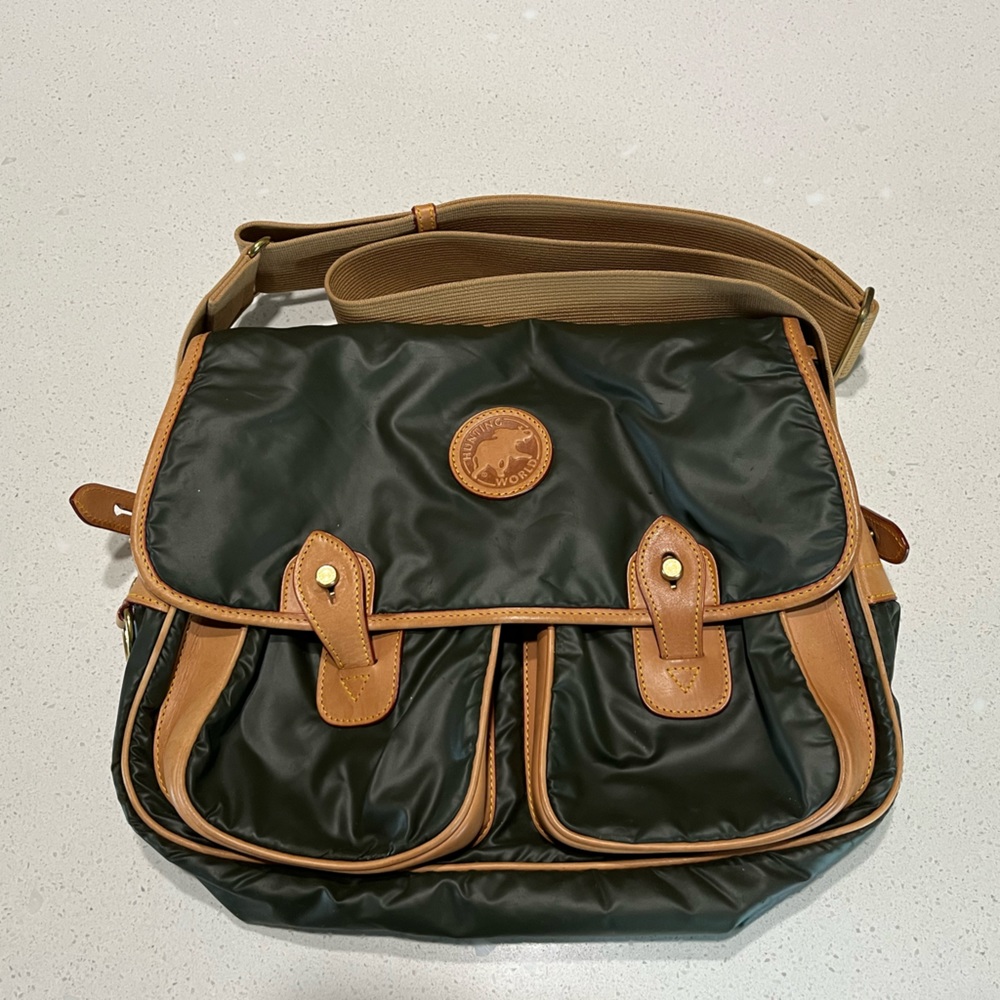 Hunting world crossbody bag. green canvas and leather